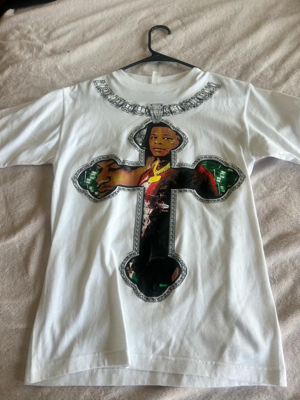 White Graphic Cross T-Shirt with Portrait and Chain Print